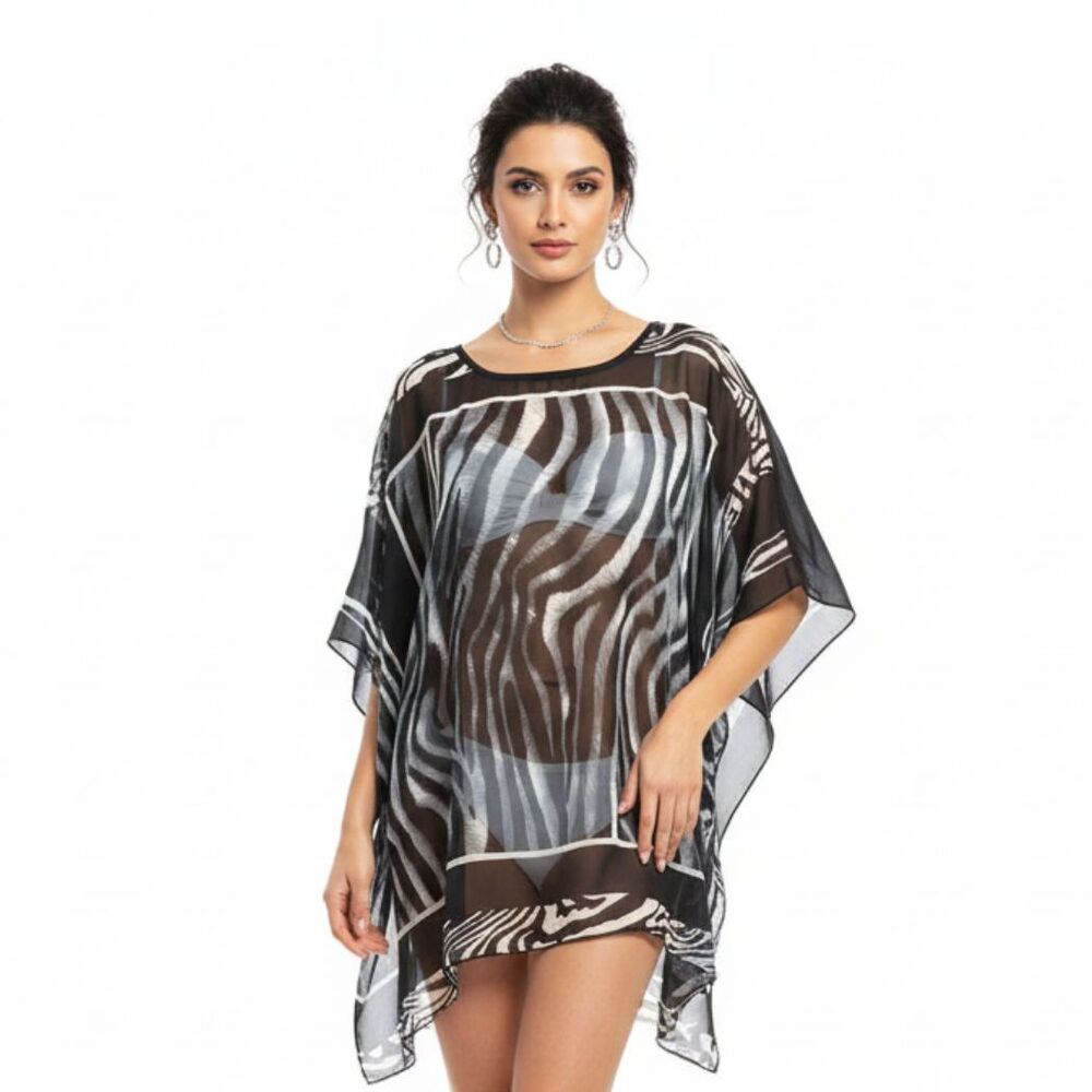 Gemstone Black & Gray Zebra Print Sheer Short Sleeve Blouse Top 2X/3X
